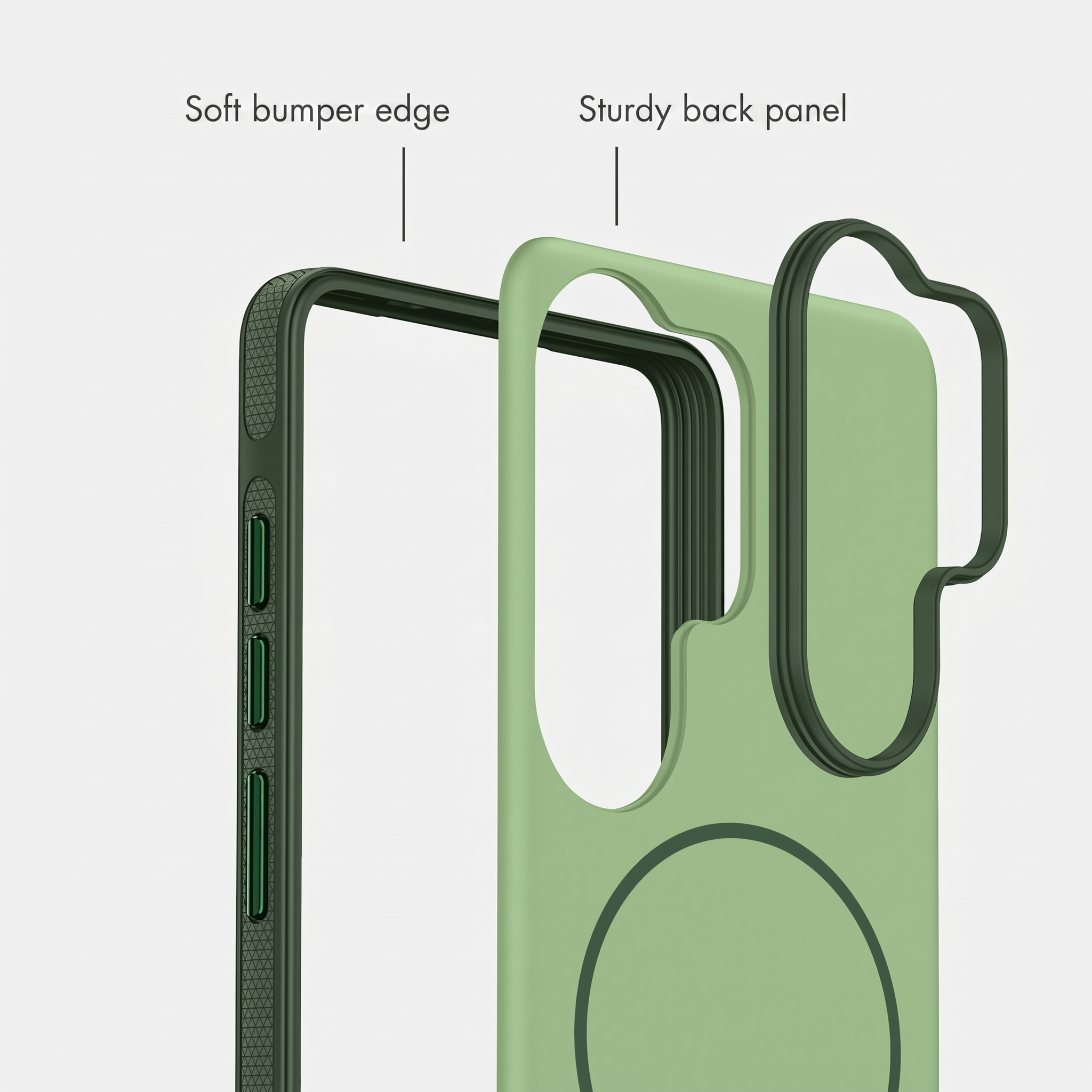 Diagramm einer grünen Handyhülle mit weichem Rand und stabiler Rückseite.