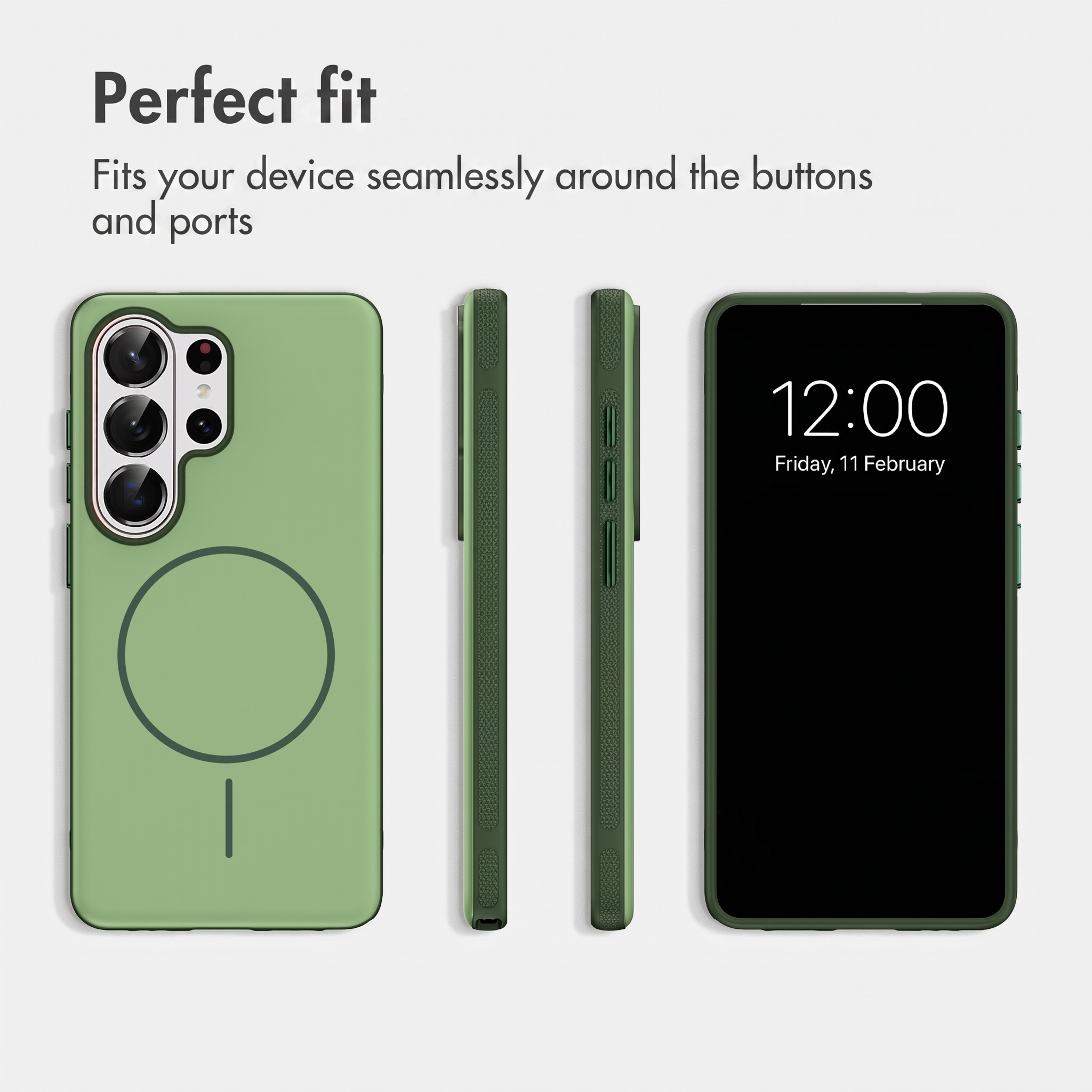 Grüne Smartphone-Hülle in verschiedenen Ansichten mit Text Perfekt fit.