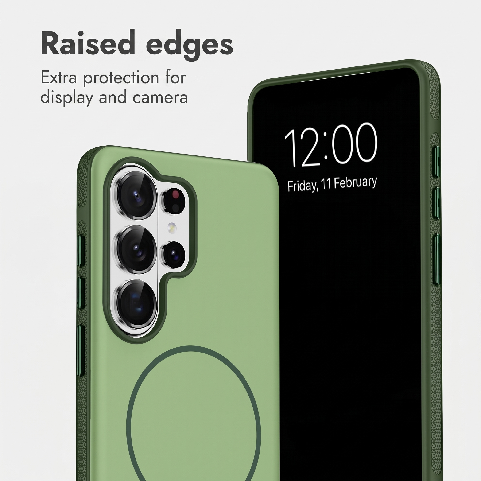 Grüne Handyhülle mit erhöhten Rändern für Display und Kamera sowie runder Markierung.