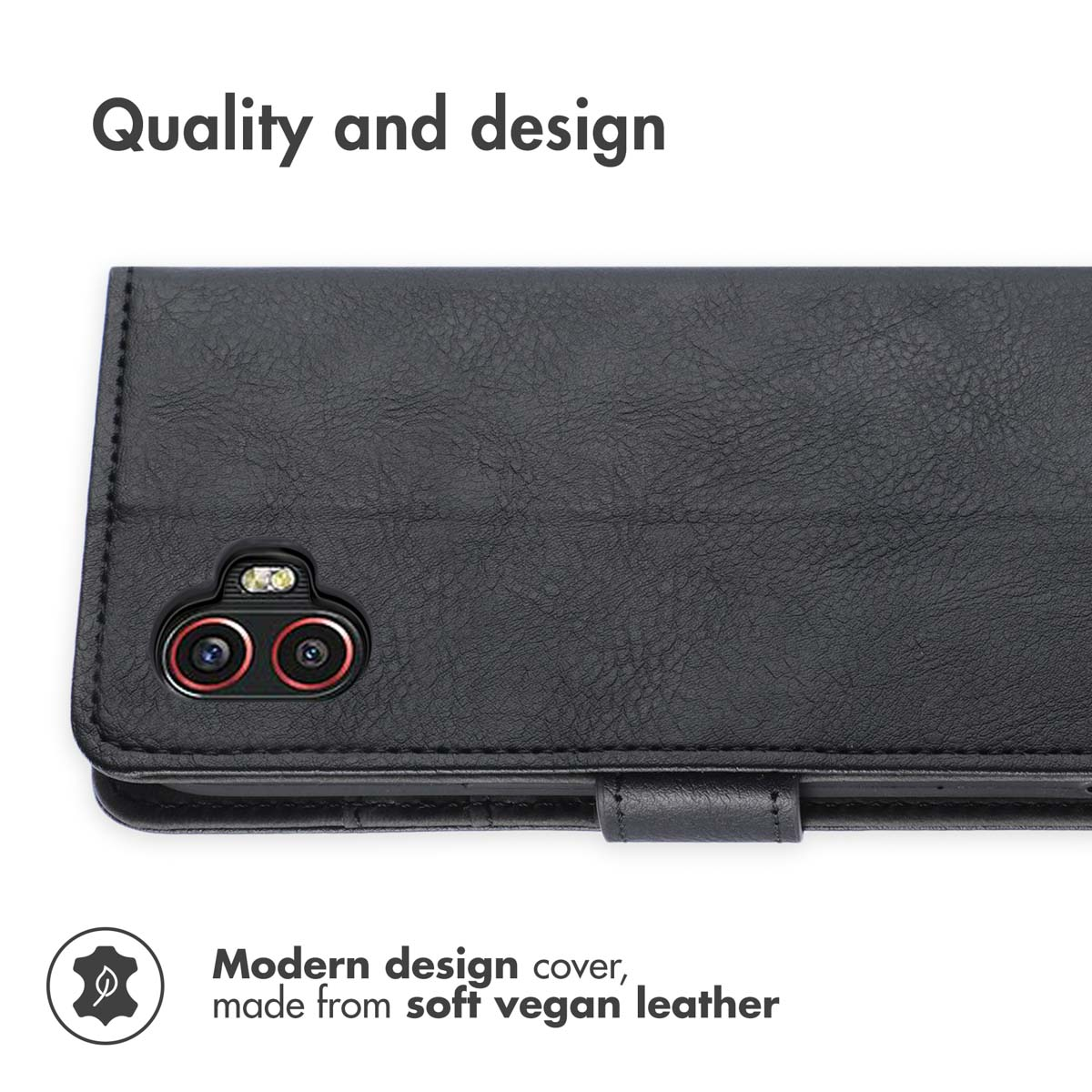 Coque de téléphone en cuir végétalien noir avec découpe pour appareil photo et texte de qualité.