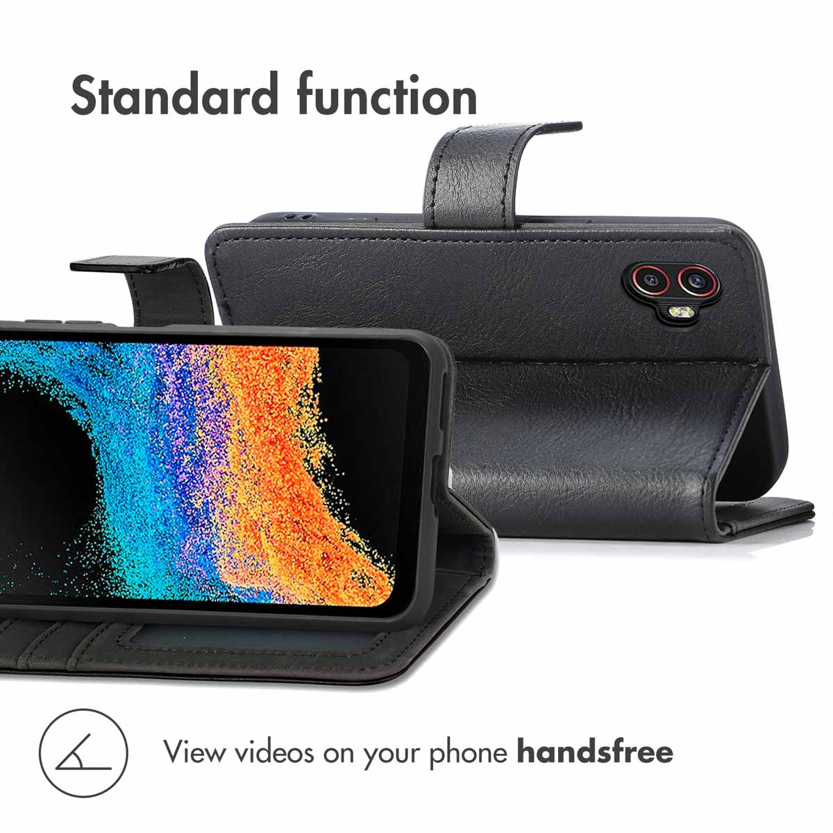 Étui de téléphone en cuir noir avec fonction support pour visionnage mains libres.