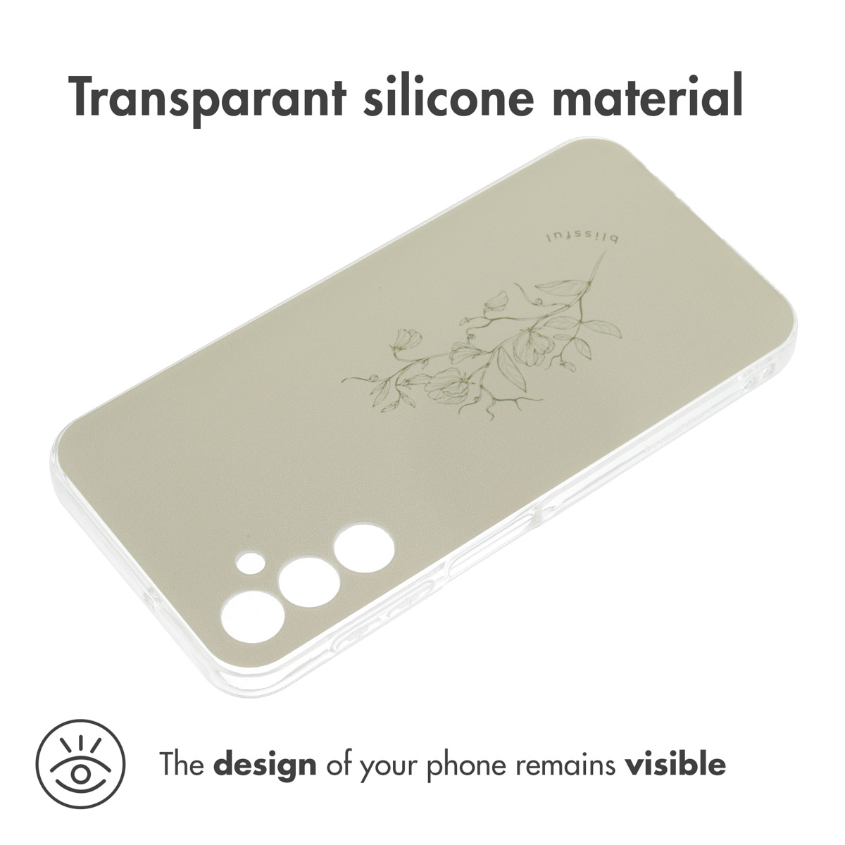 Transparente Silikon-Handyhülle mit zartem Blumenmuster und Kamerastanzungen.