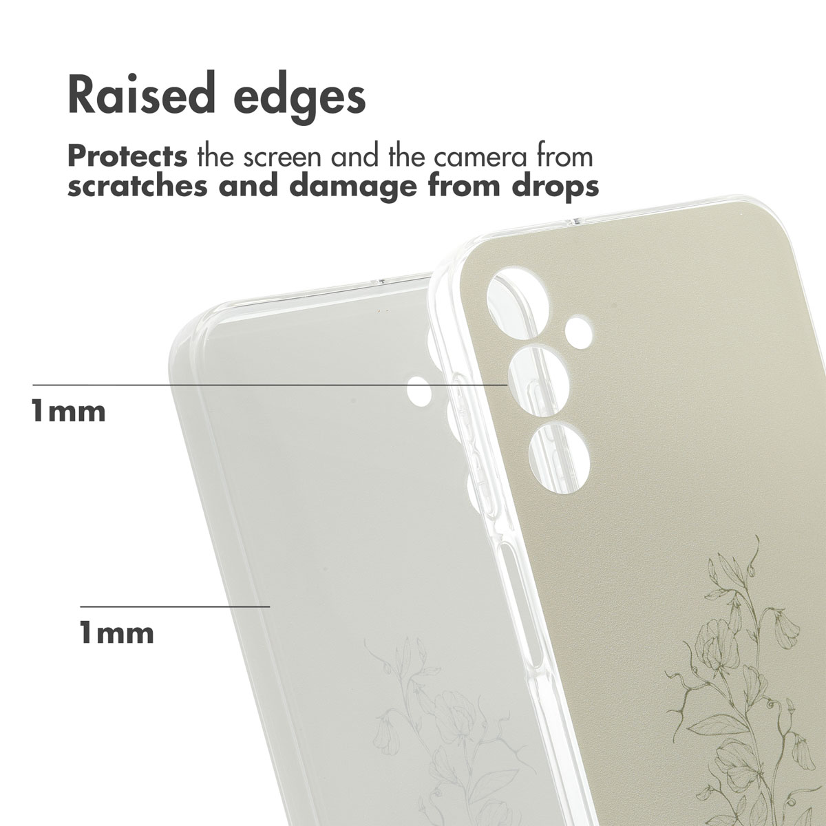 Transparente Handyhülle mit 1mm erhöhten Rändern zum Schutz.
