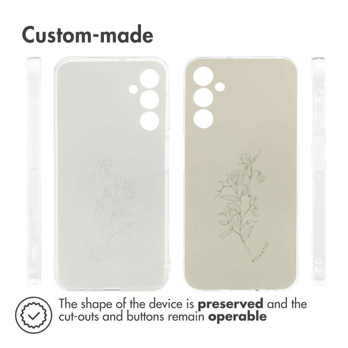 Maßgeschneiderte Handyhülle mit feinem Blumenmotiv und Aussparungen.
