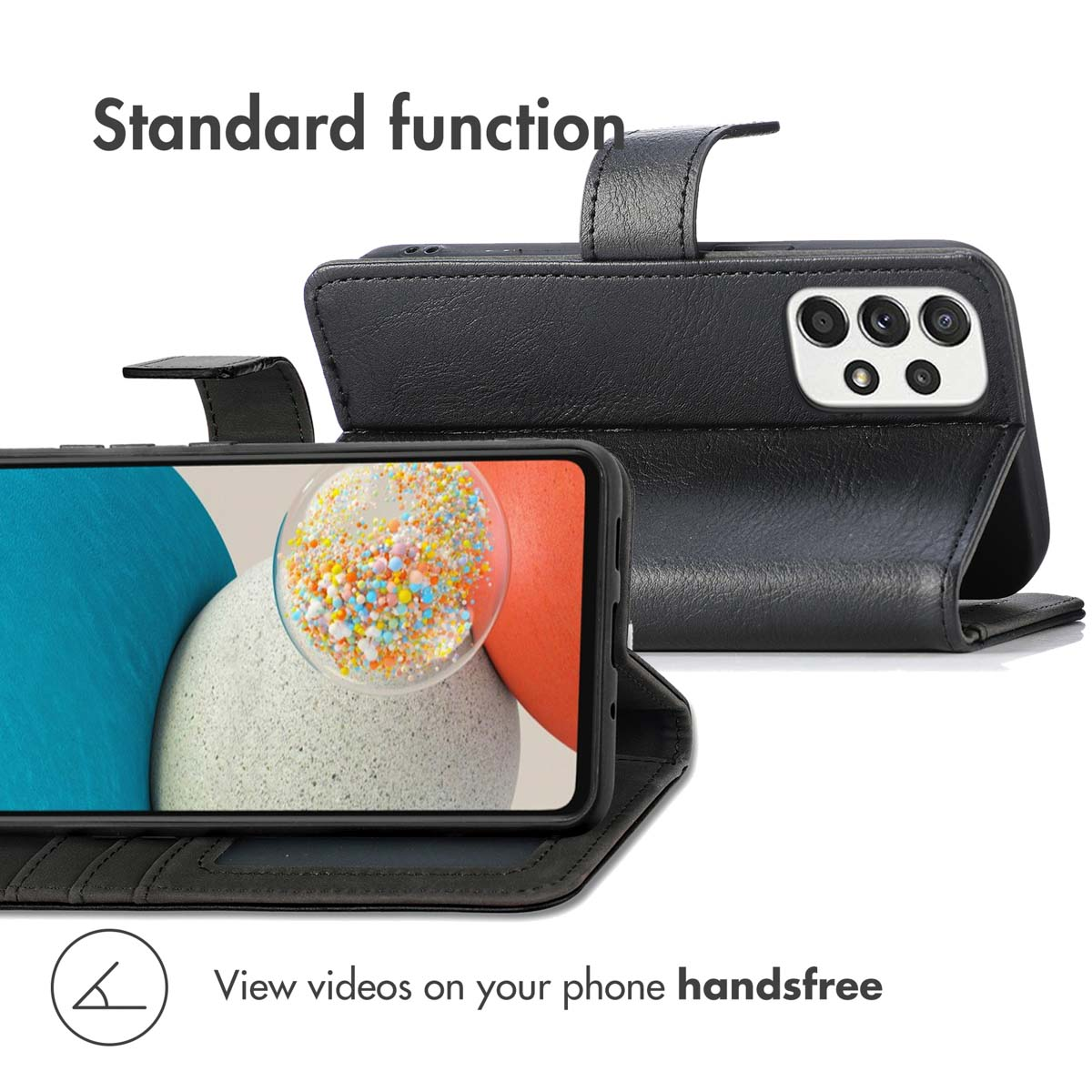 Un étui de smartphone en cuir noir avec fonction support, montrant l'écran et l'appareil photo.
