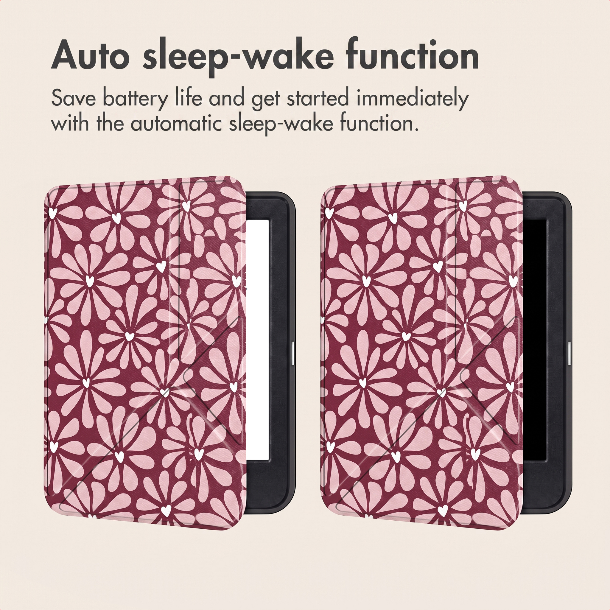 Twee e-readers met roze bloemenhoesjes en automatisch ontwaakfunctie.