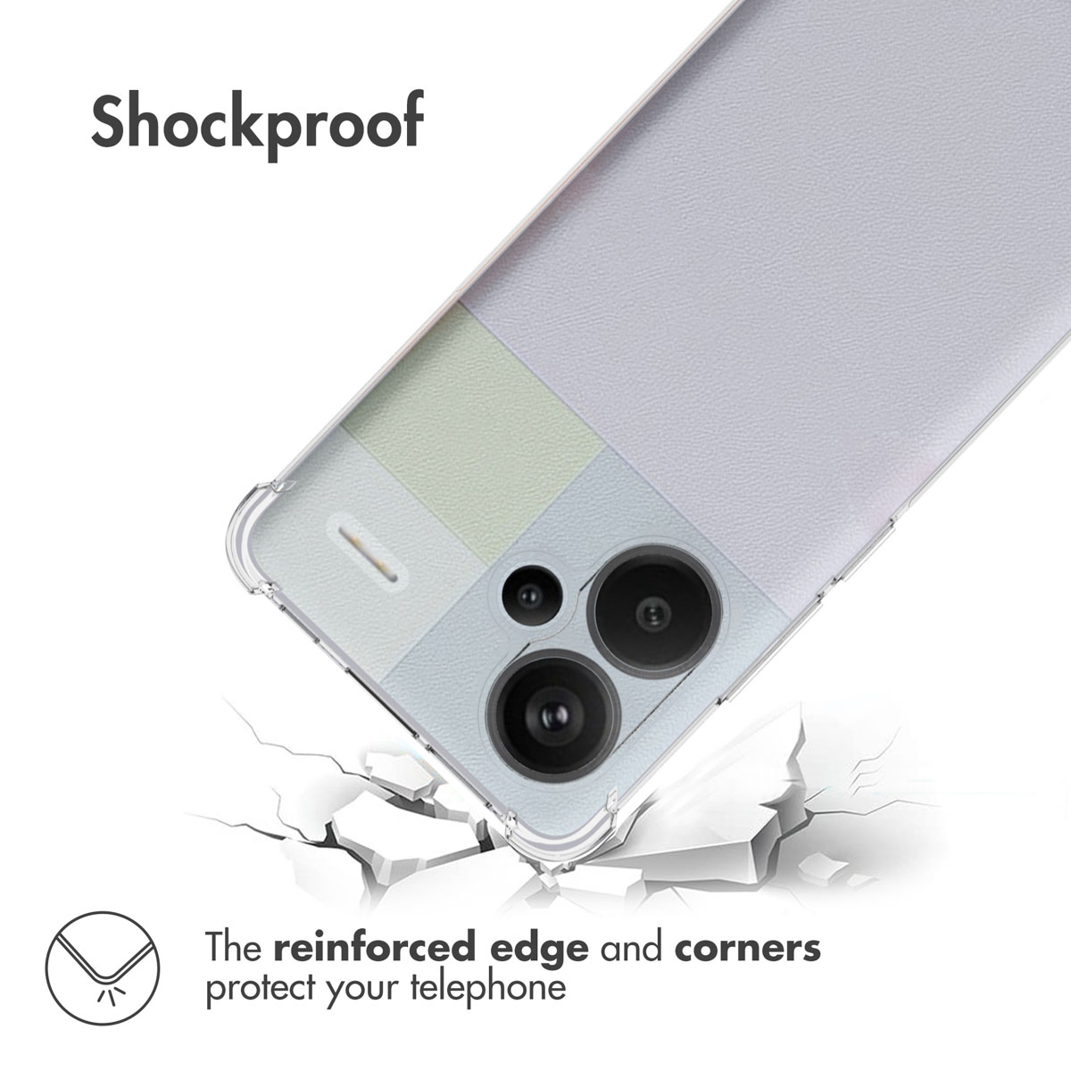 Una funda de teléfono a prueba de golpes con esquinas reforzadas sobre un suelo roto.