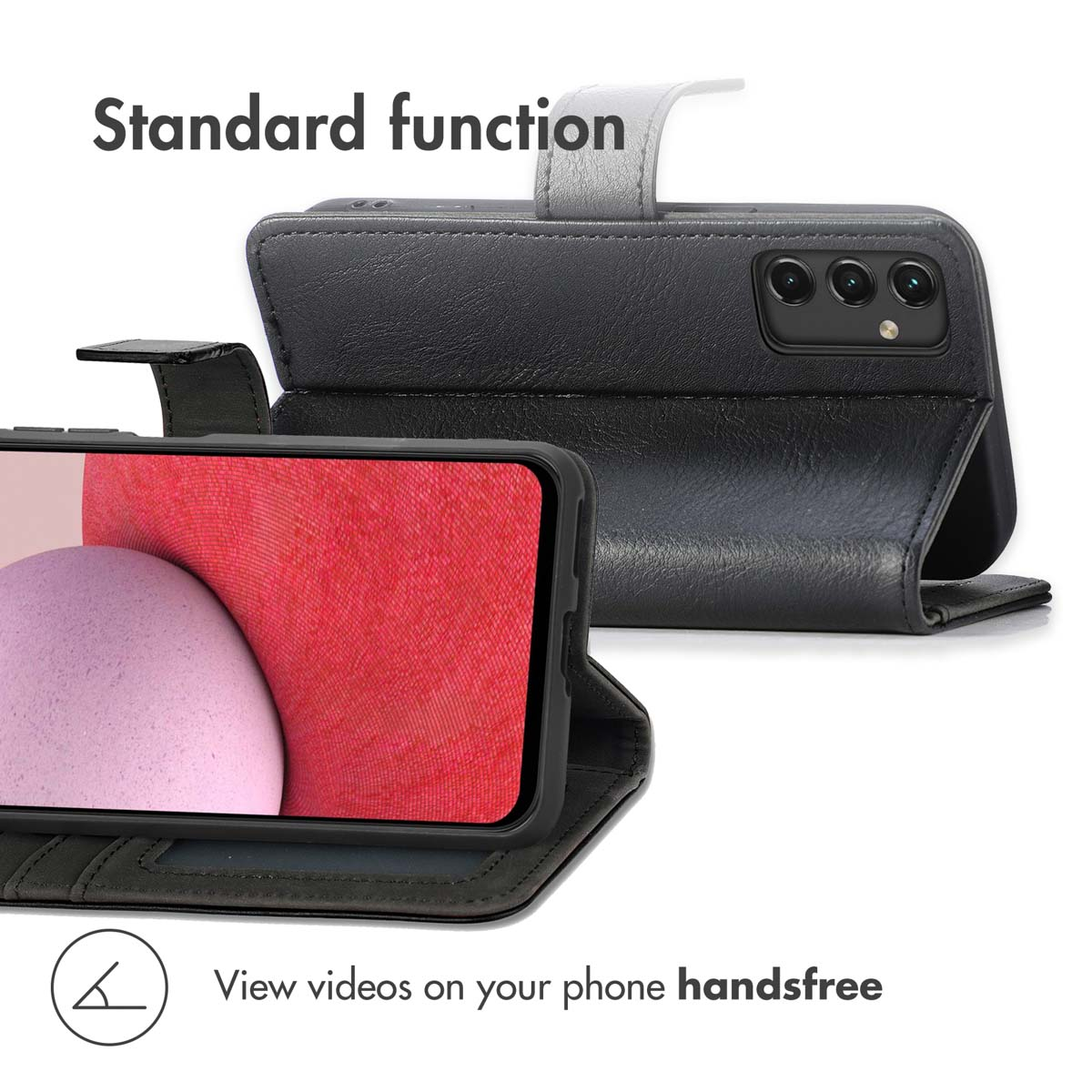 Un étui de téléphone en cuir noir sert de support à un smartphone avec un fond rose.