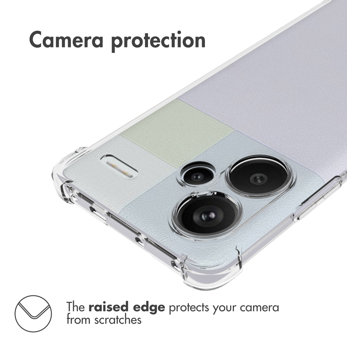 Funda protectora transparente para teléfono con borde elevado alrededor de la cámara.