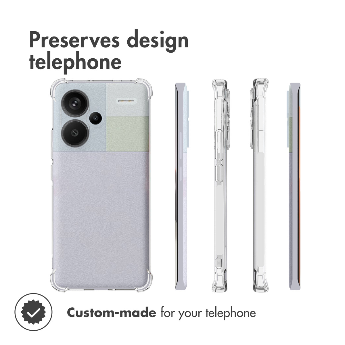Funda protectora transparente mostrada desde varios ángulos con diseño colorido.
