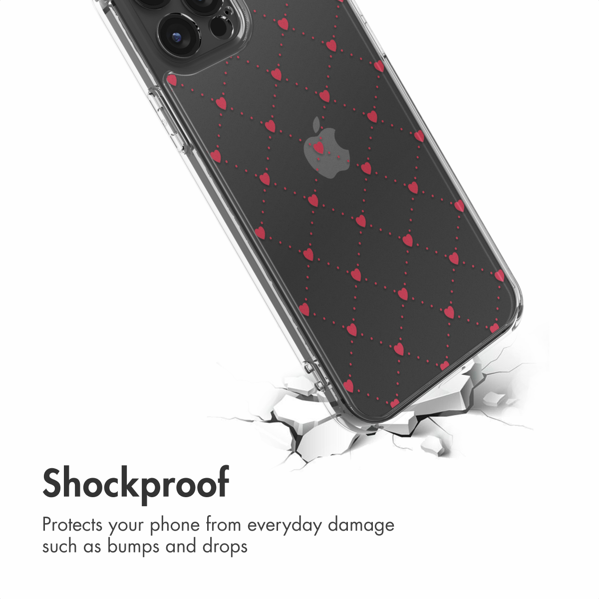 Coque transparente avec motif de cœurs rouges sur fond blanc craquelé et texte.