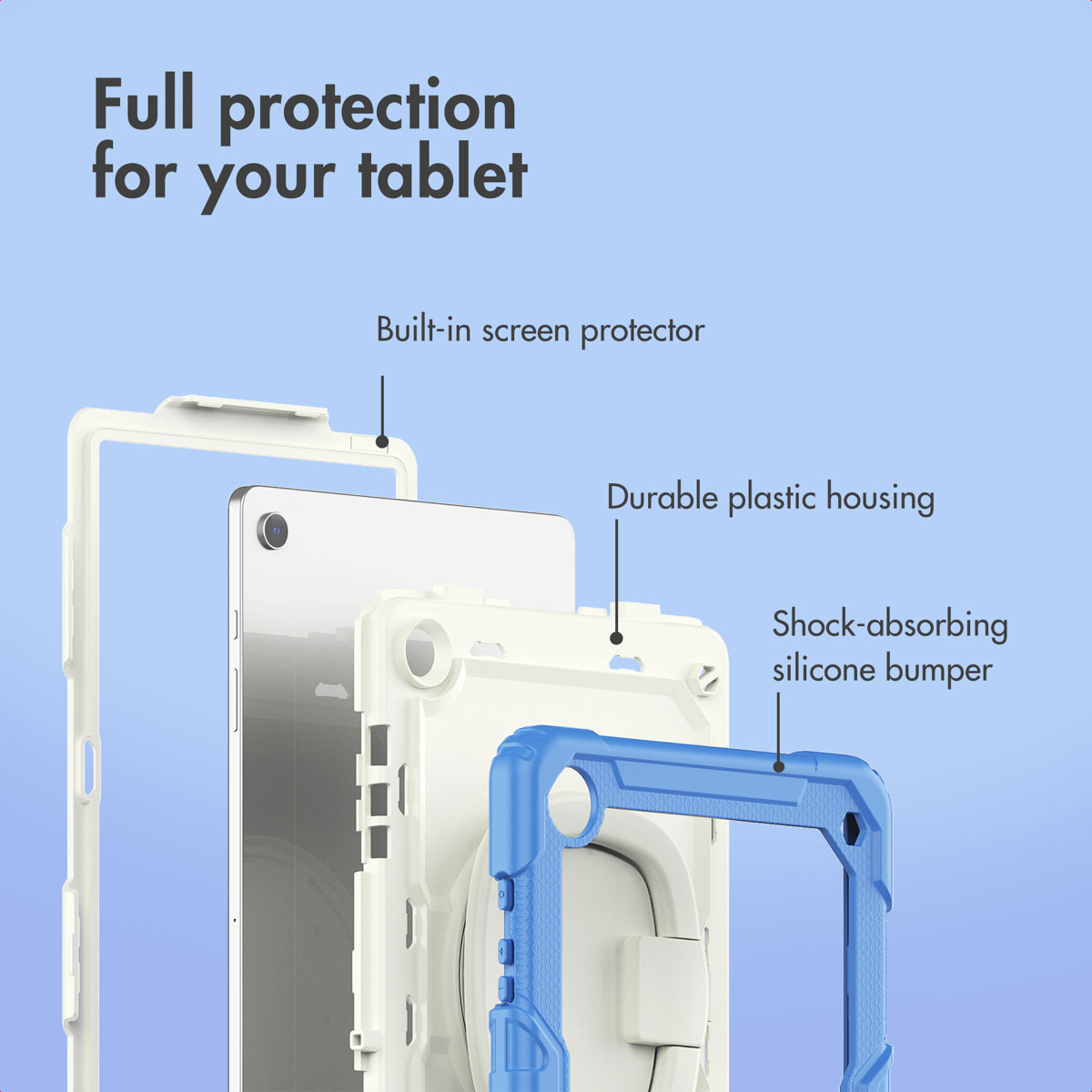 Exploded view of a protective tablet case with built-in screen protector, durable housing, and silicone bumper.