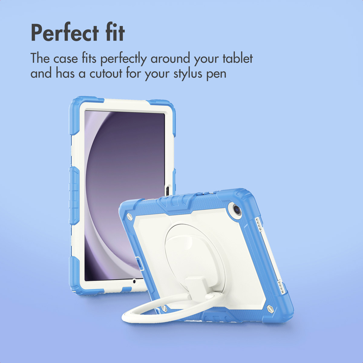 Blue and white protective tablet case with an integrated stand against a blue background.