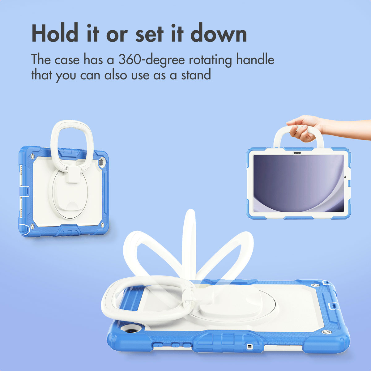 Blue tablet case featuring a 360-degree rotating handle that doubles as a stand.