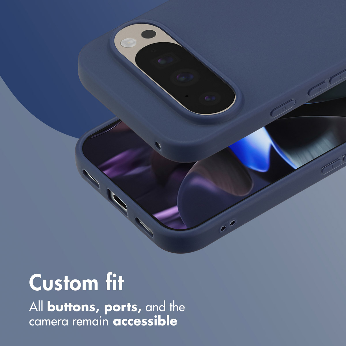 Custodia blu per smartphone che mostra pulsanti e fotocamera accessibili.