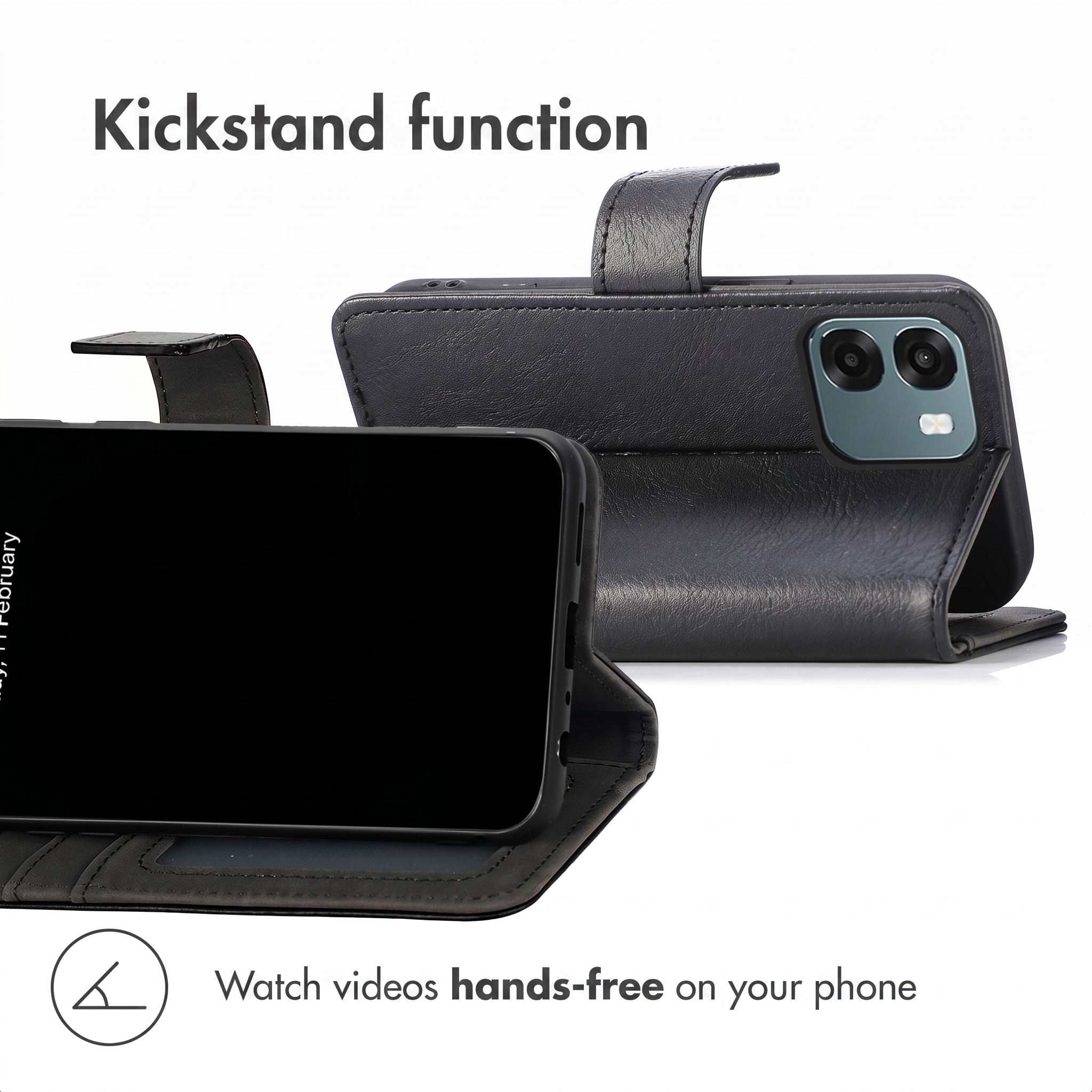 Una funda de cuero negro para teléfono que funciona como soporte para vídeos.