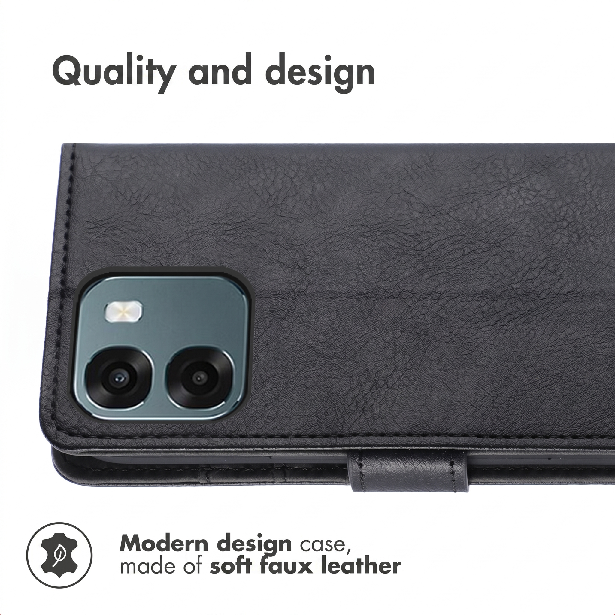 Una funda de piel negra con recorte para doble cámara y el texto Calidad y diseño.