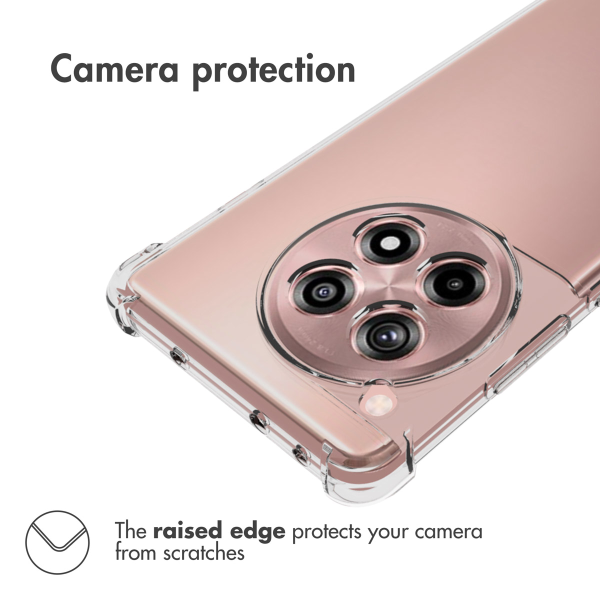 Smartphone oro rosa con funda protectora transparente y cámara cuádruple circular.