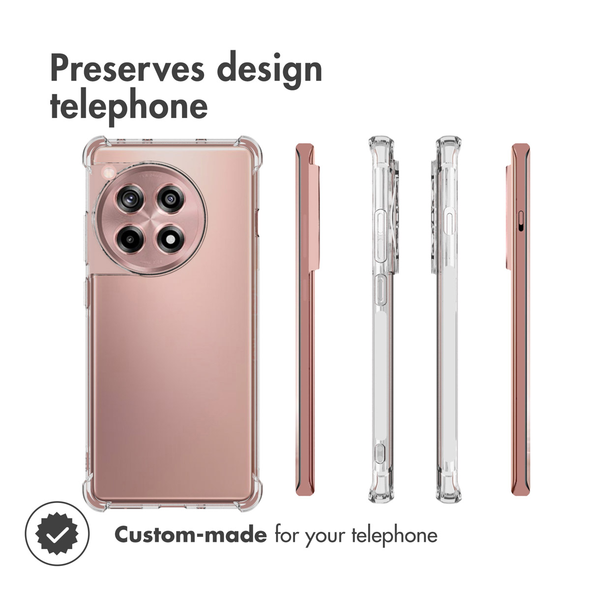 Funda protectora transparente para un smartphone rosa, vista desde atrás y los cuatro lados.