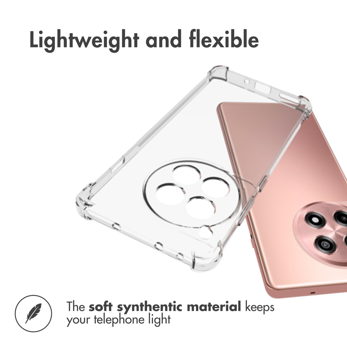 Una funda de móvil transparente y flexible junto a un smartphone rosa dorado, con texto promocional.