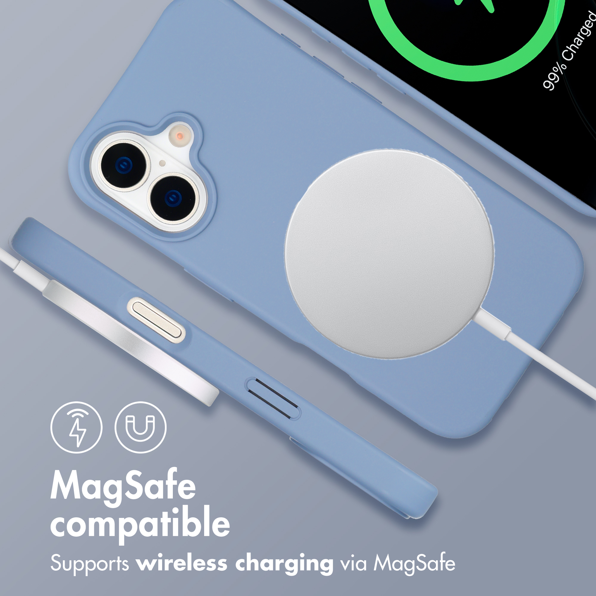Una custodia per telefono azzurro compatibile MagSafe con caricabatterie magnetico.