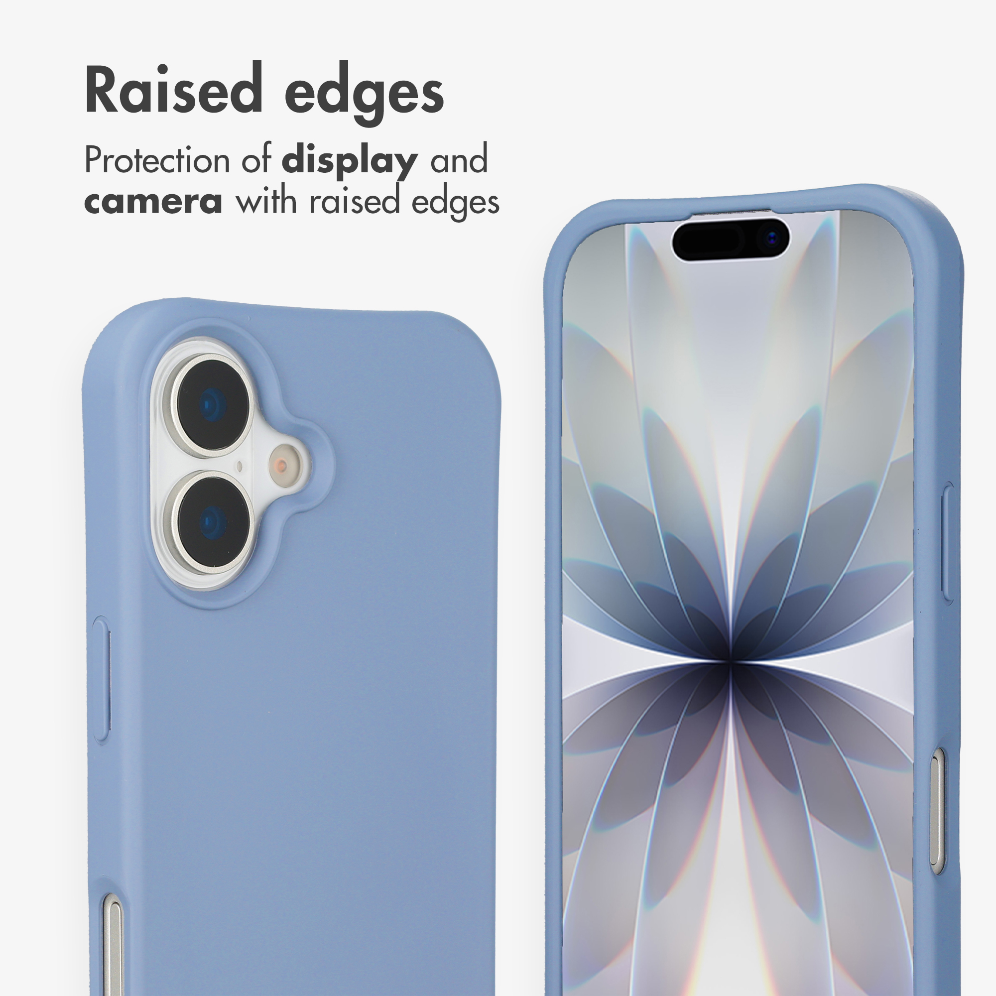 Uno smartphone in custodia blu mostra la protezione dello schermo.