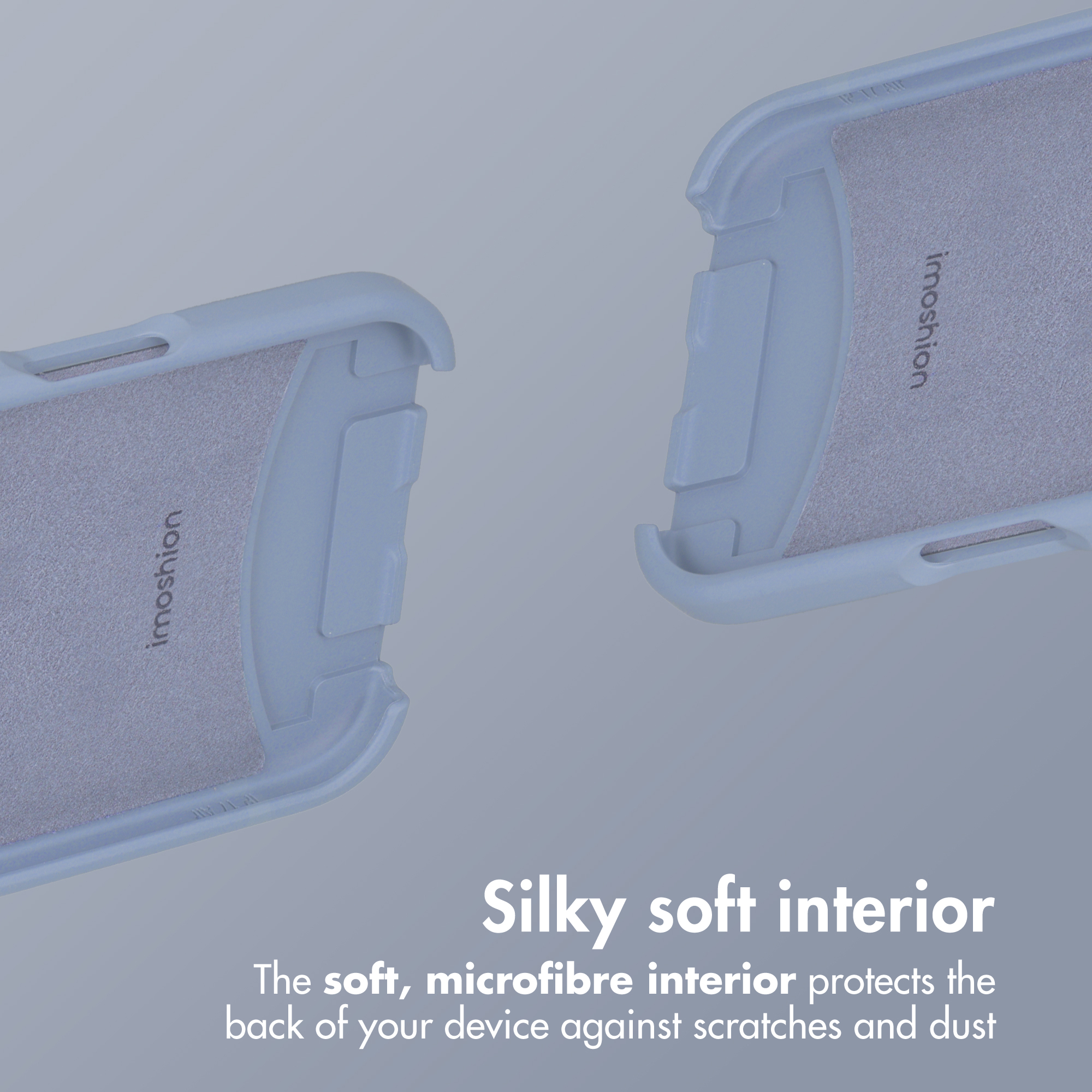 Due custodie per telefono grigie con morbido interno in microfibra su sfondo grigio.