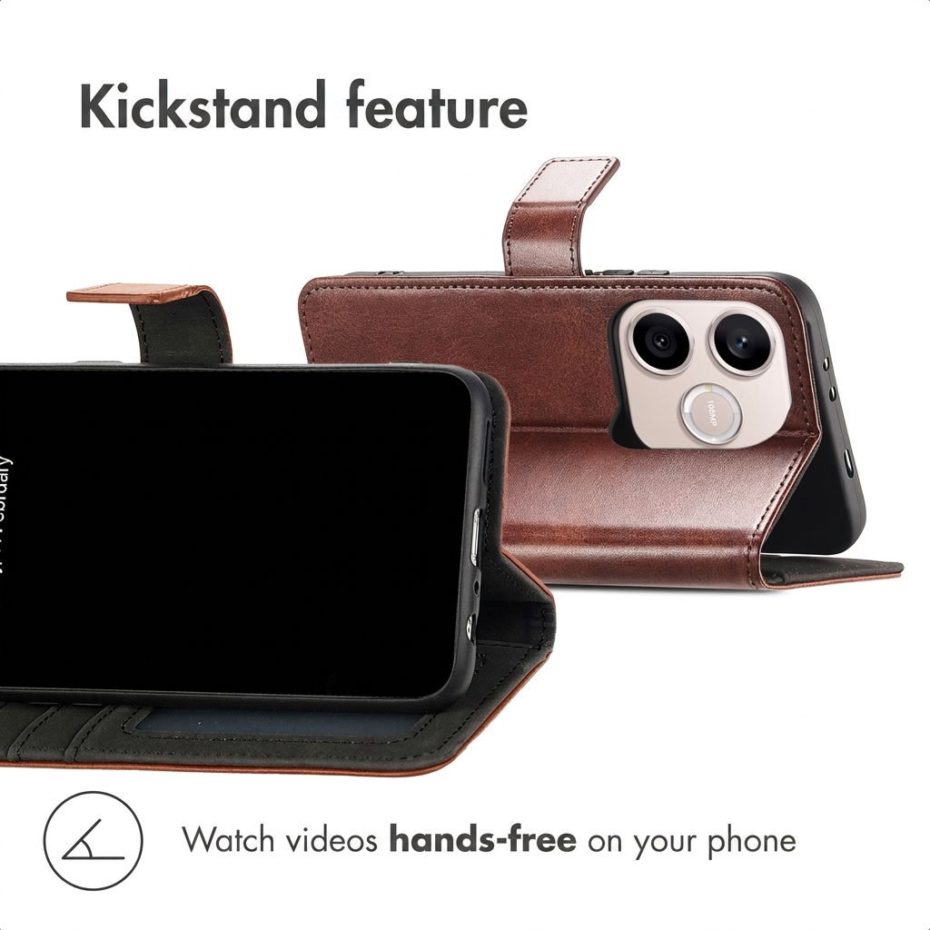 Bruine lederen telefoonhoes met standaard voor handsfree videokijken.