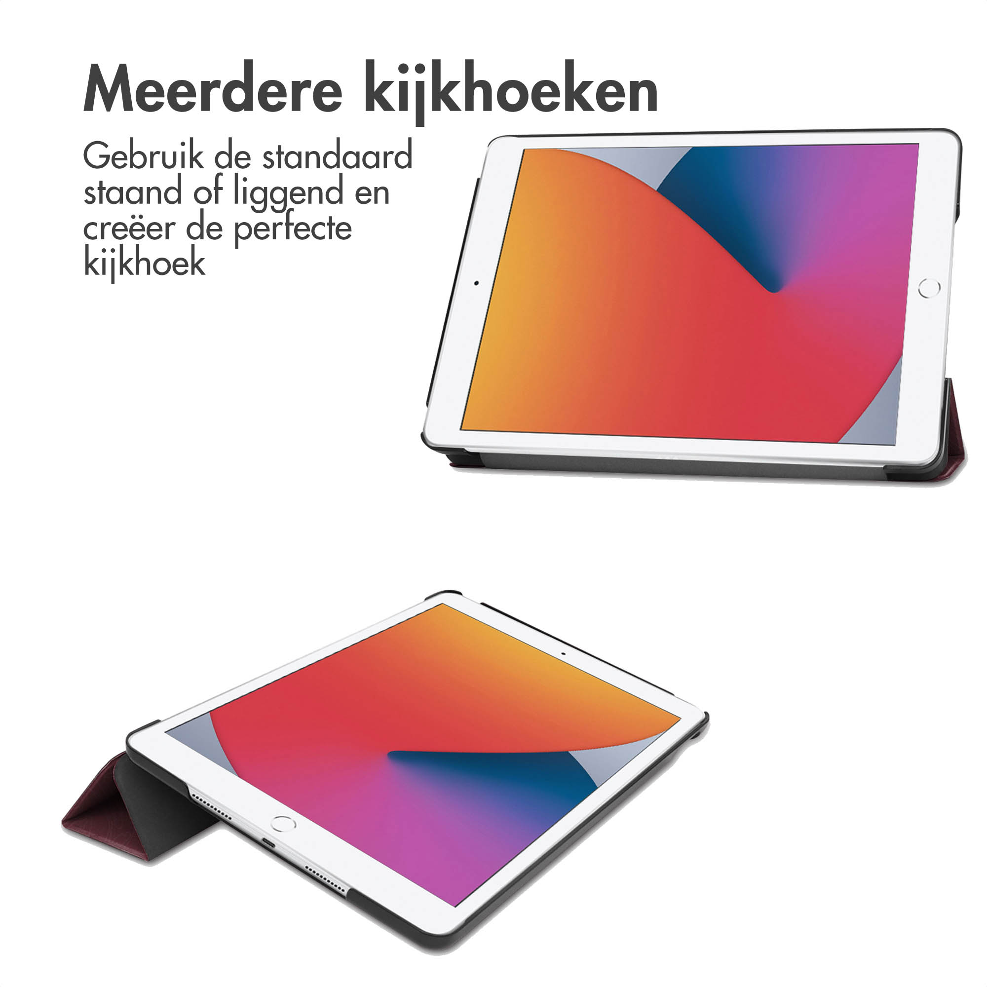 Tablet bianco in posizione verticale e piatta con testo in olandese a sinistra.
