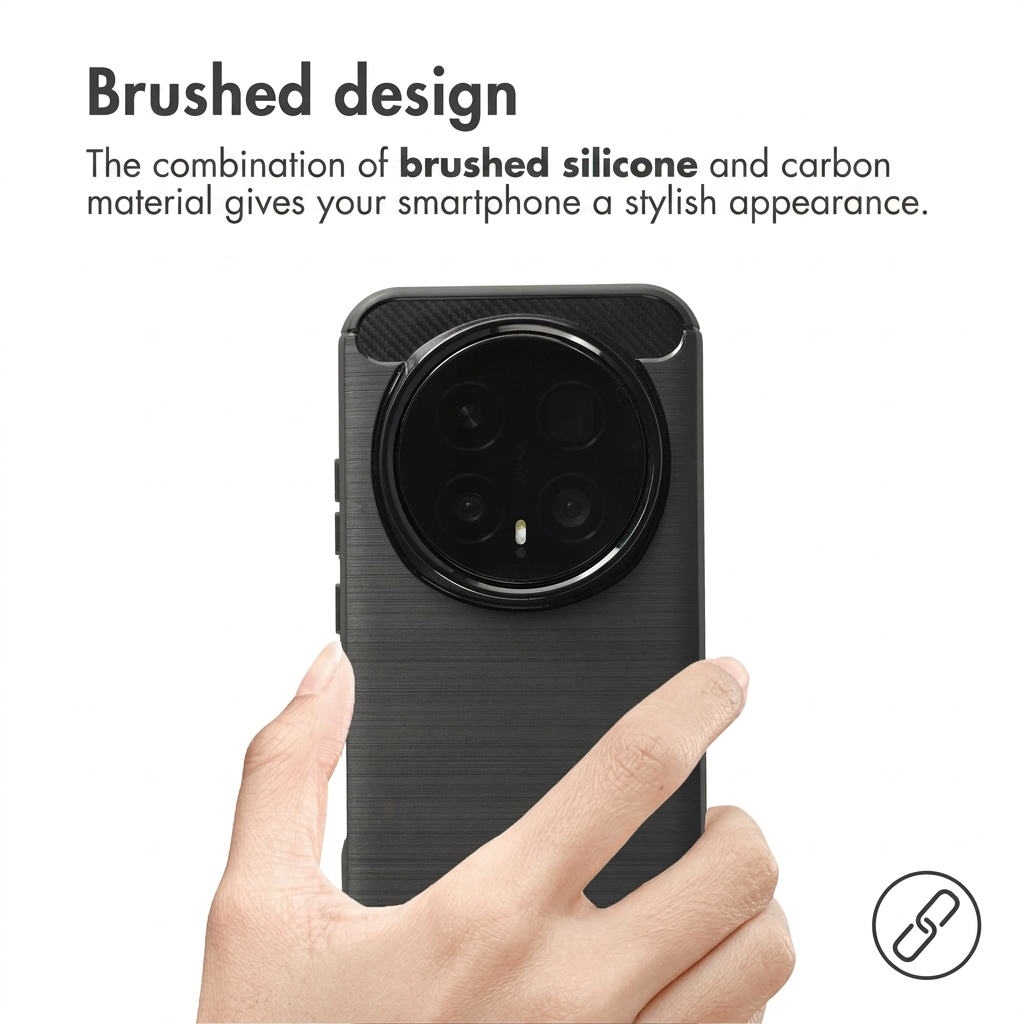 Mano sosteniendo un smartphone negro con diseño cepillado y gran módulo de cámara redondo.