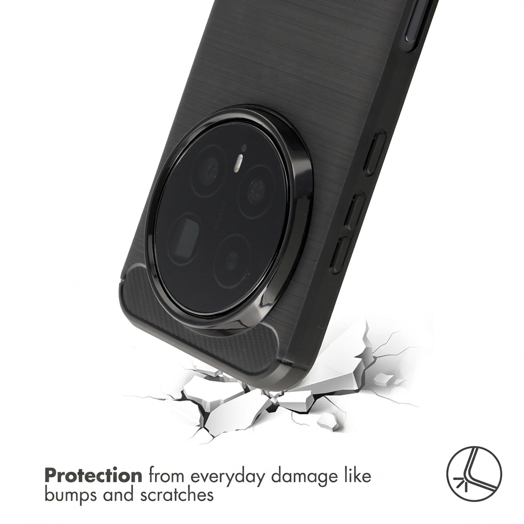 Un teléfono negro con funda protectora sobre una superficie blanca agrietada con texto.