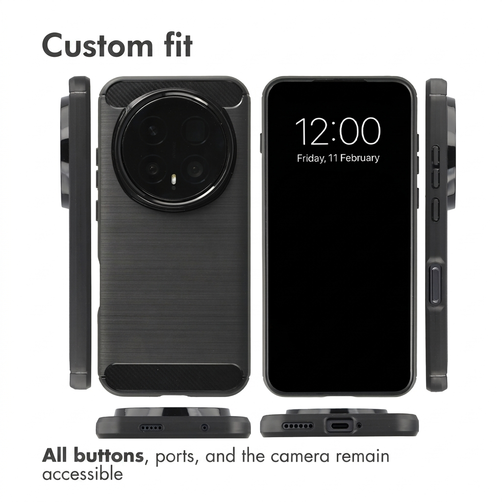 Funda protectora negra con cámara redonda y protección de pantalla para un teléfono desde varios ángulos.