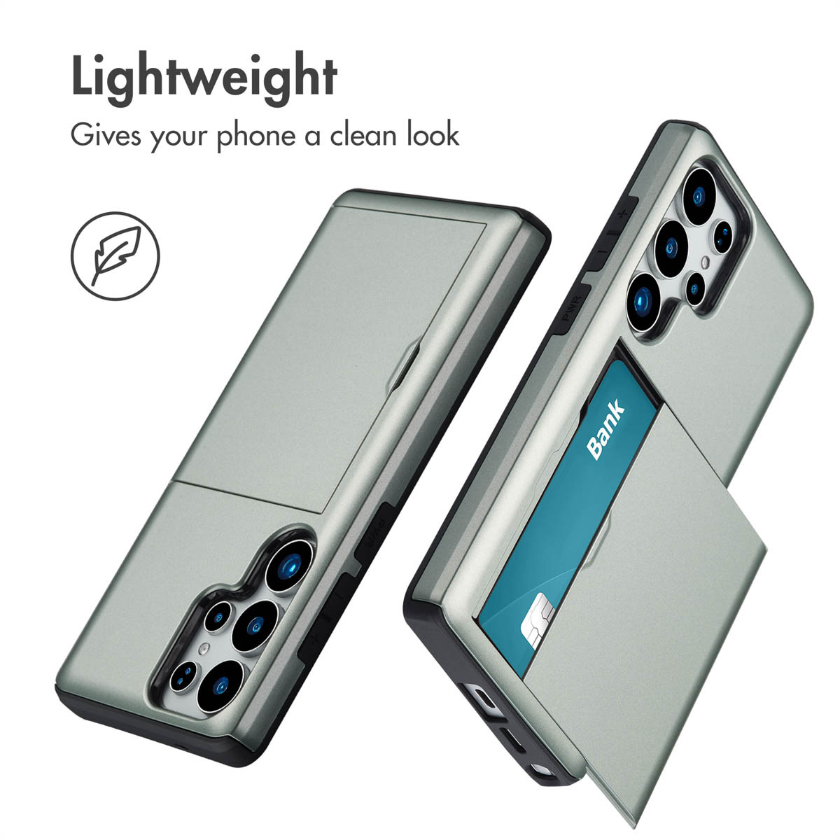 Leichtes graues Smartphone-Case mit Kartenfach. Text lautet Lightweight, Gives your phone a clean look.