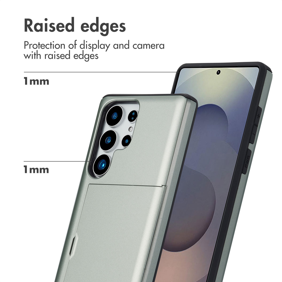 Smartphone in Schutzhülle mit 1 mm erhöhten Rändern für Display und Kamera.
