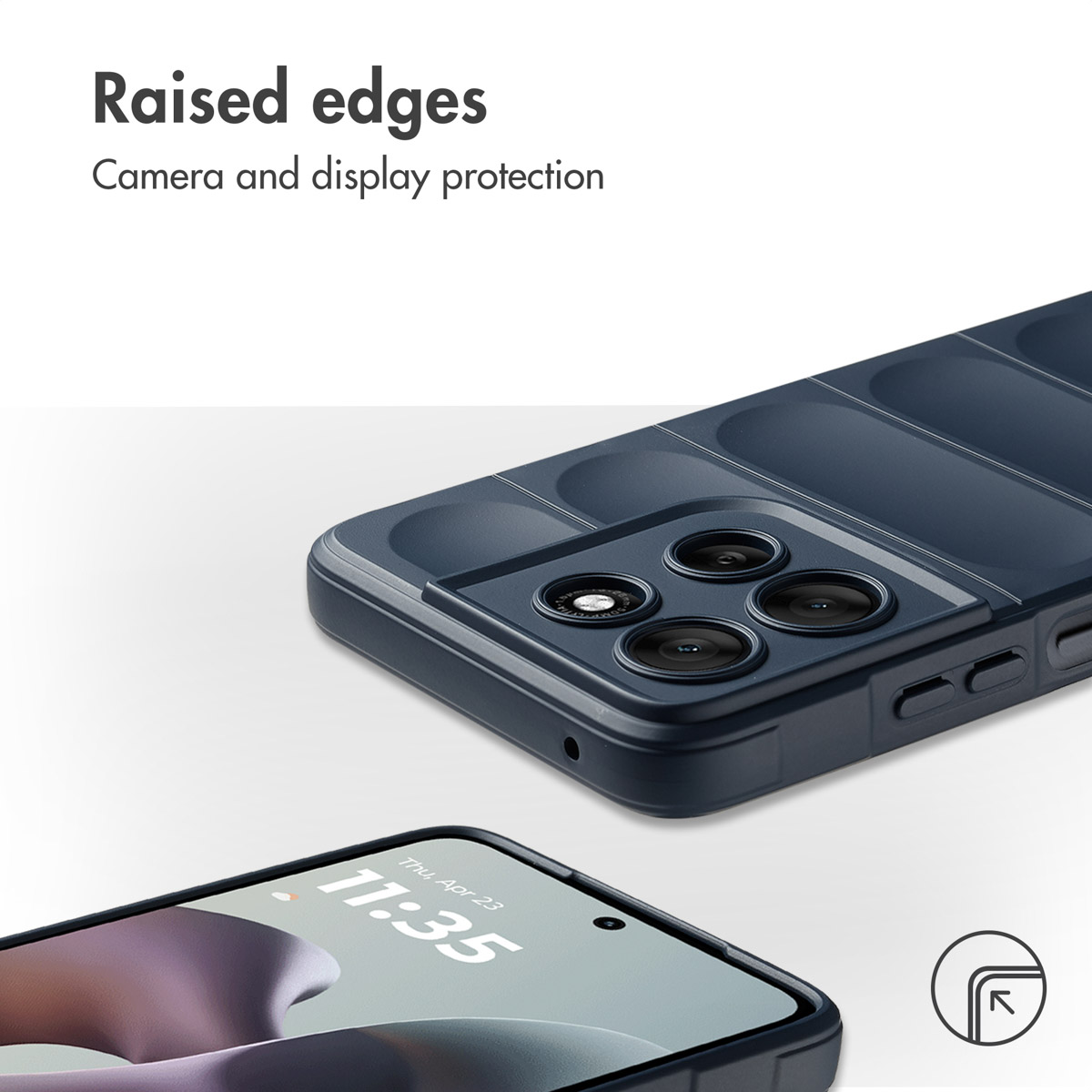 Primo piano di una custodia per telefono blu con bordi rialzati per proteggere fotocamera e schermo.