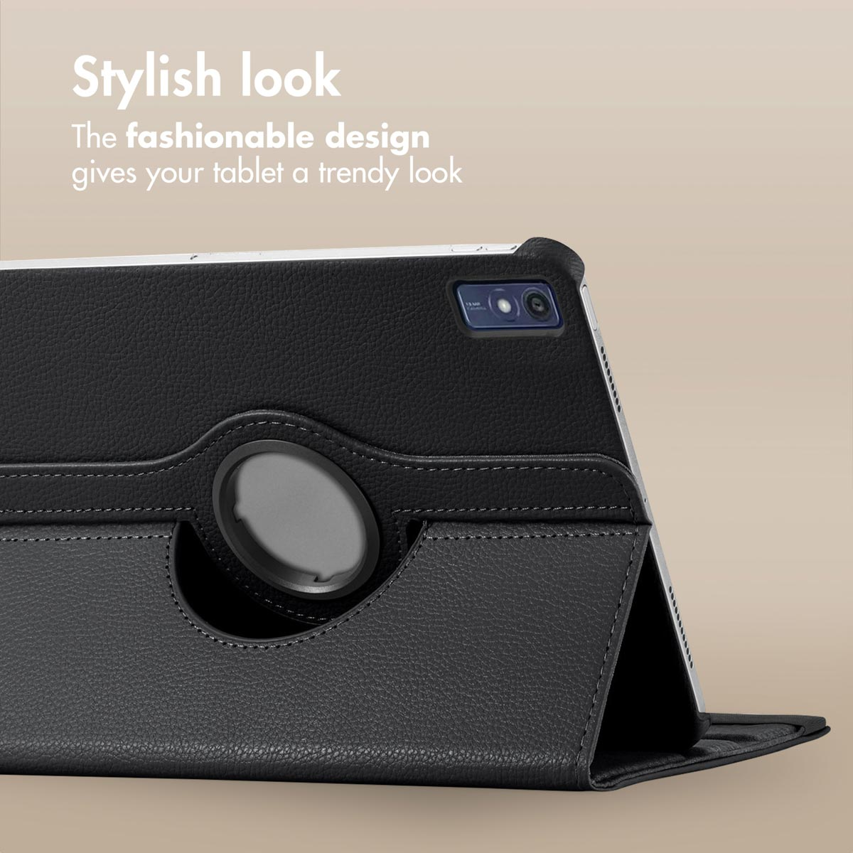 A black tablet case with a built-in stand and camera cutout on a beige background.