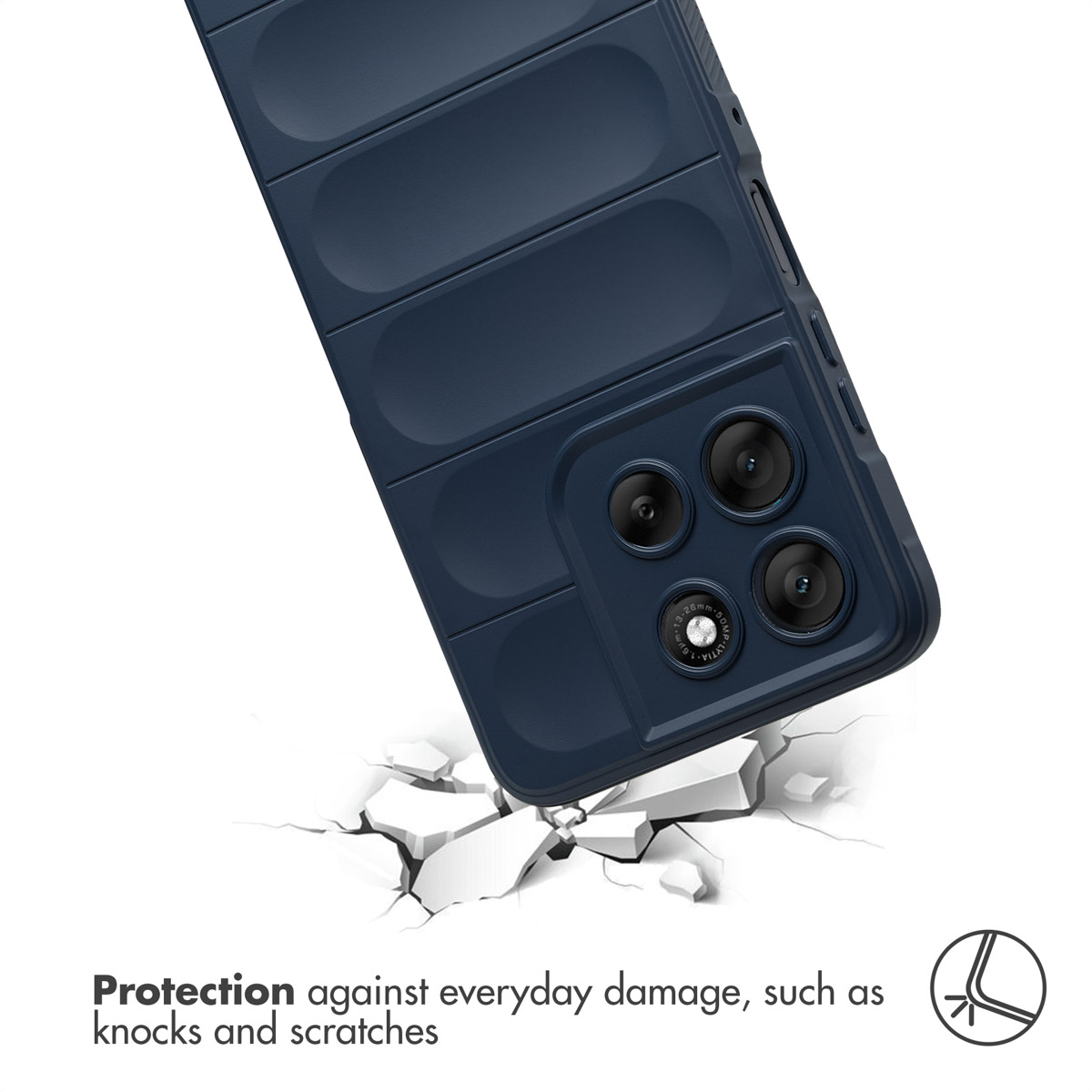 Cover per smartphone blu urta terreno incrinato sotto il testo di protezione.