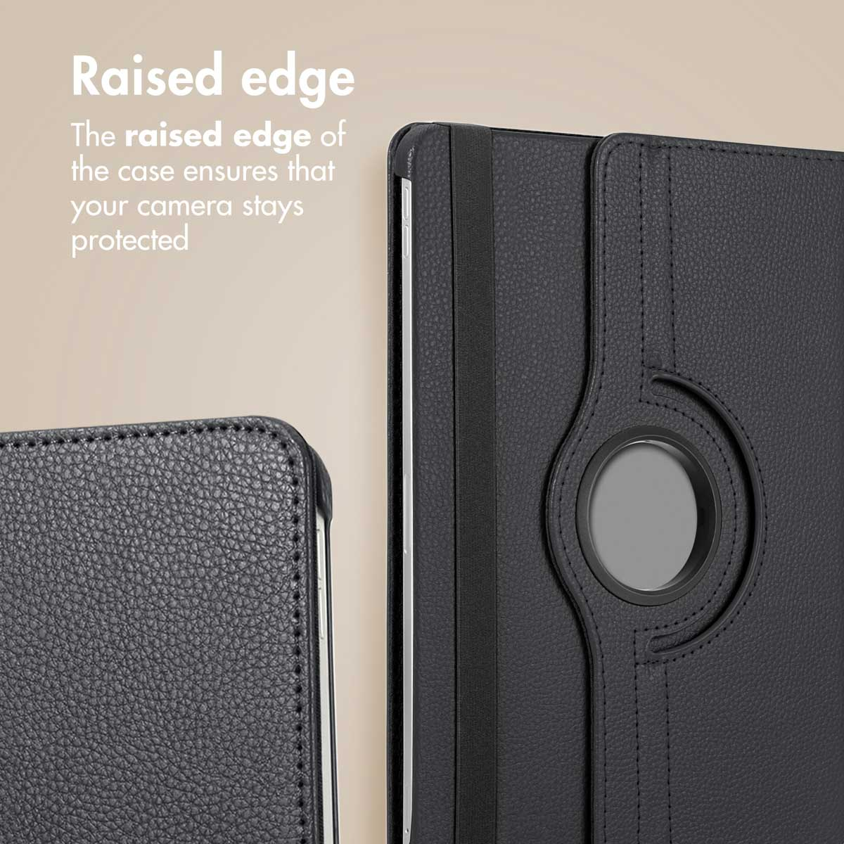 Black tablet case with a raised edge for camera protection.