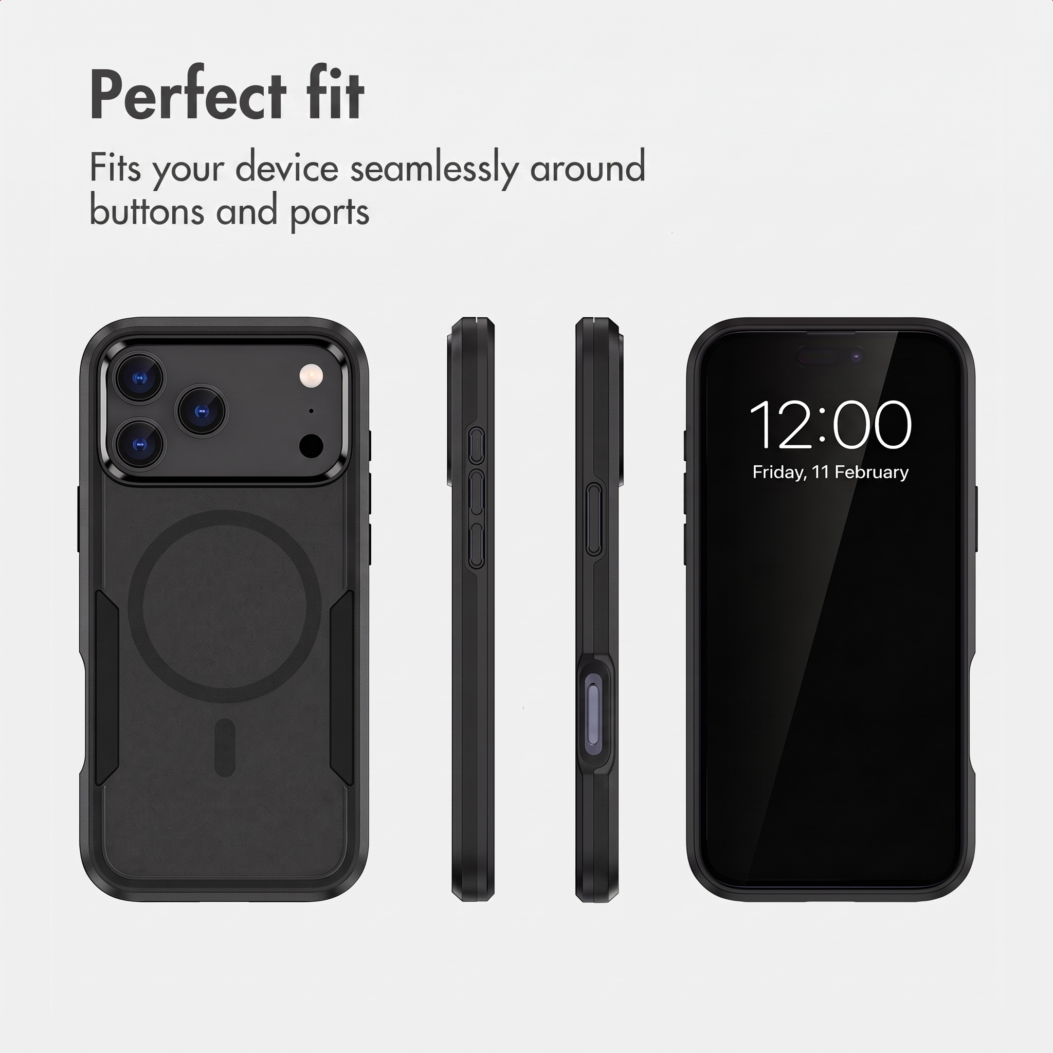 Plusieurs vues d'une coque de smartphone noire sur fond blanc avec du texte.