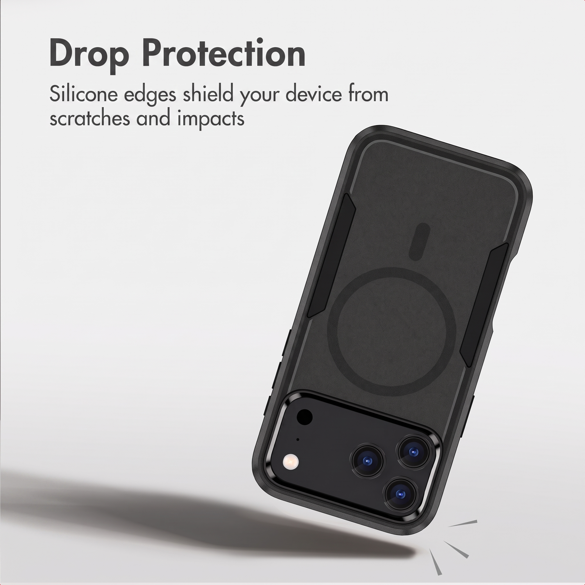 Une coque de smartphone noire sur fond blanc avec texte de protection contre les chutes.