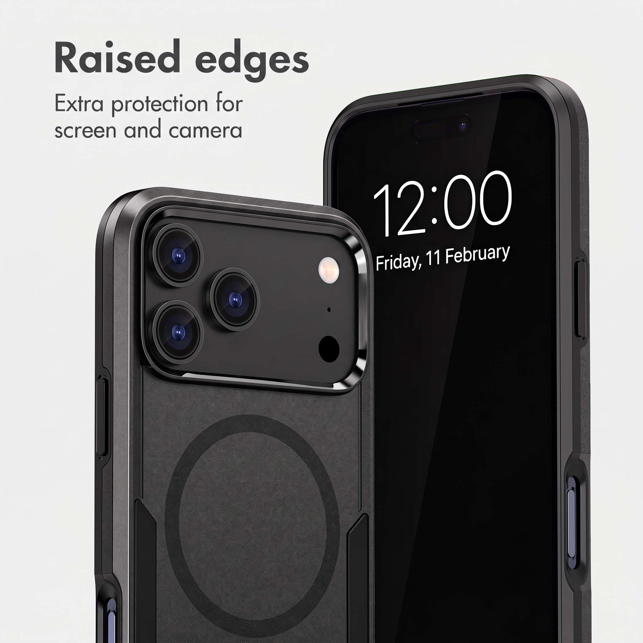 Coque de protection noire pour smartphone avec bords surélevés pour écran et caméra.