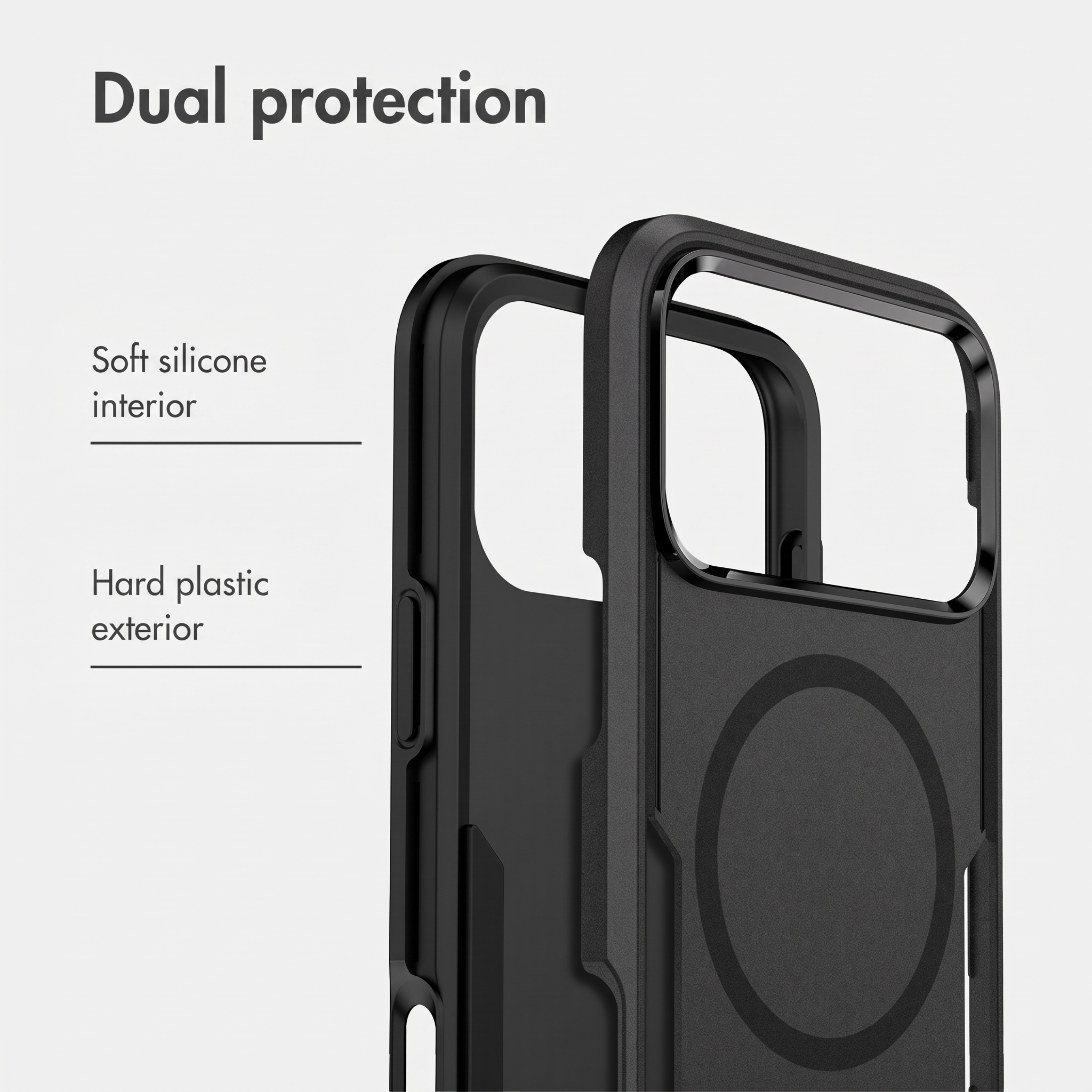 Coque de téléphone noire avec intérieur en silicone souple et extérieur en plastique dur sur fond blanc.