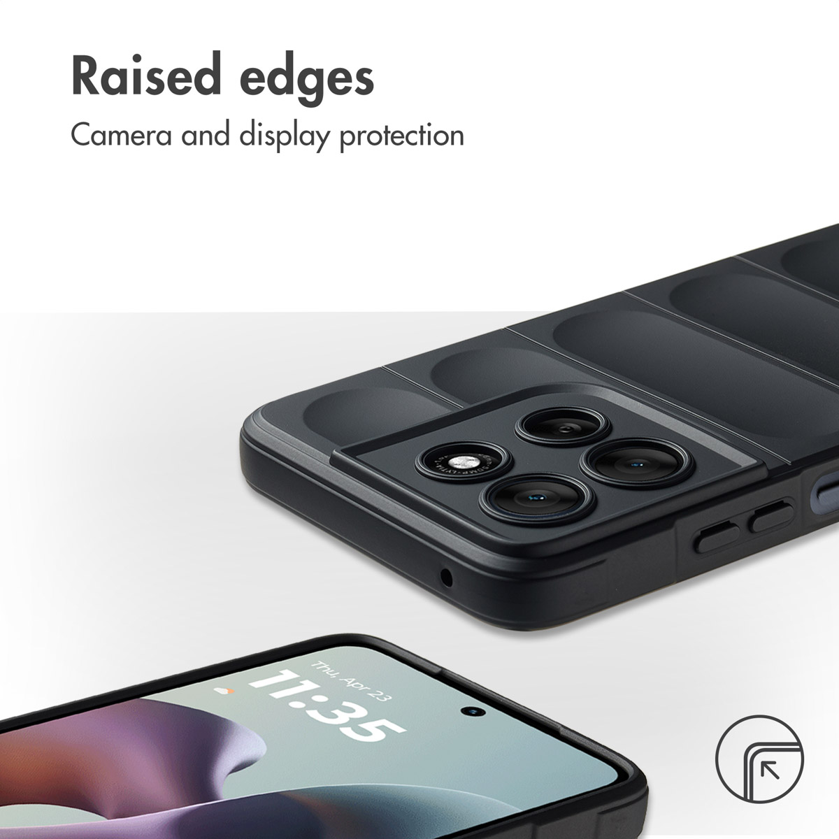 Custodia protettiva nera con bordi rialzati per proteggere fotocamera e display.