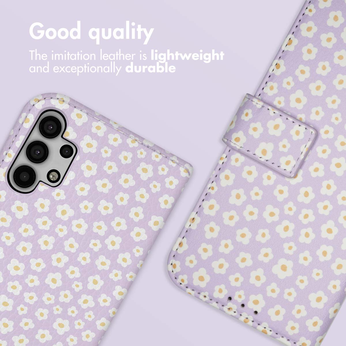 Custodia per cellulare in ecopelle viola con motivo a fiori bianchi.