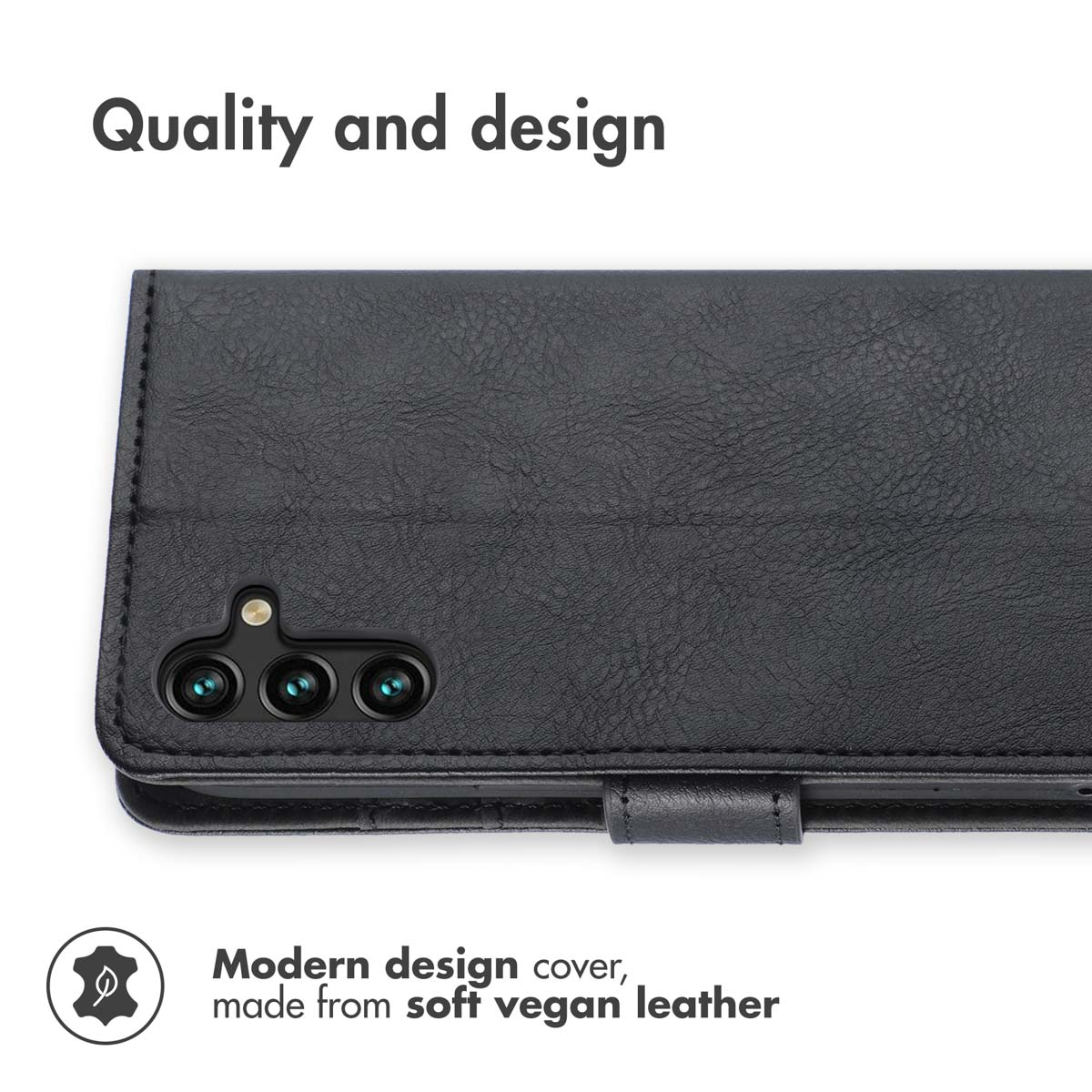 Étui de téléphone en cuir végétalien noir avec découpe pour appareil photo et texte.