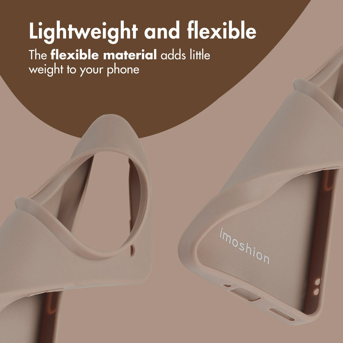 Funda de teléfono flexible beige con la marca imoshion sobre fondo marrón.
