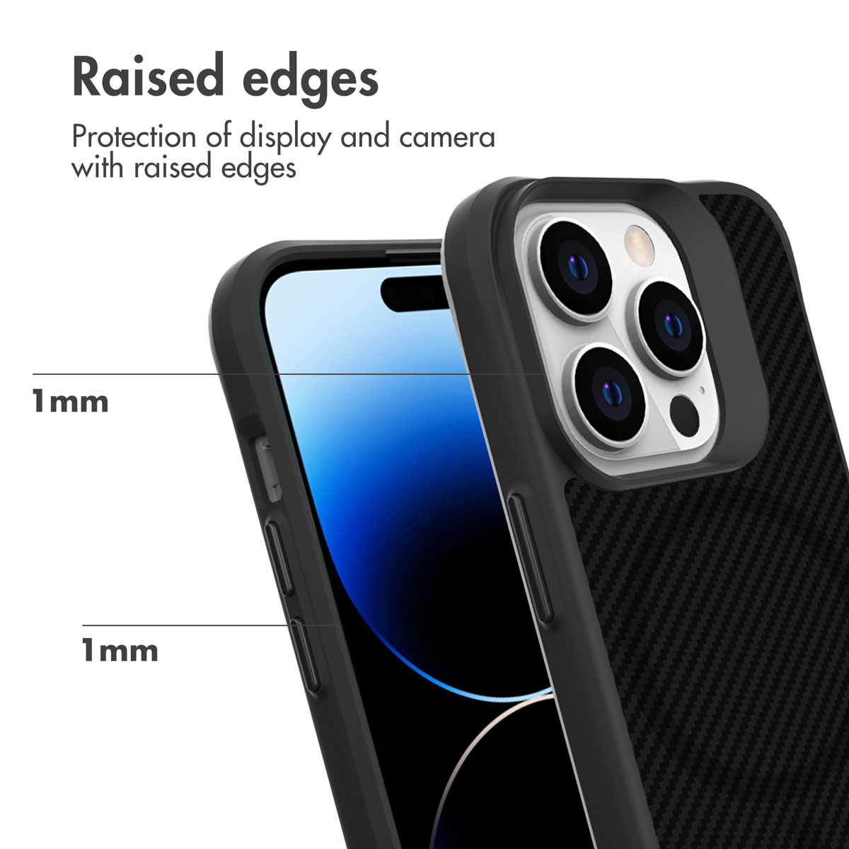 Smartphone in custodia con bordi rialzati di 1 mm per protezione schermo e fotocamera.