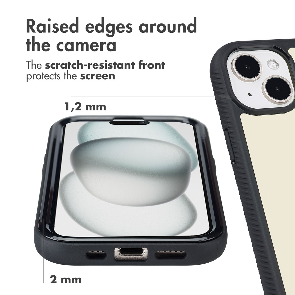 Smartphone in beschermhoes met afmetingen voor schermrand en cameralens.