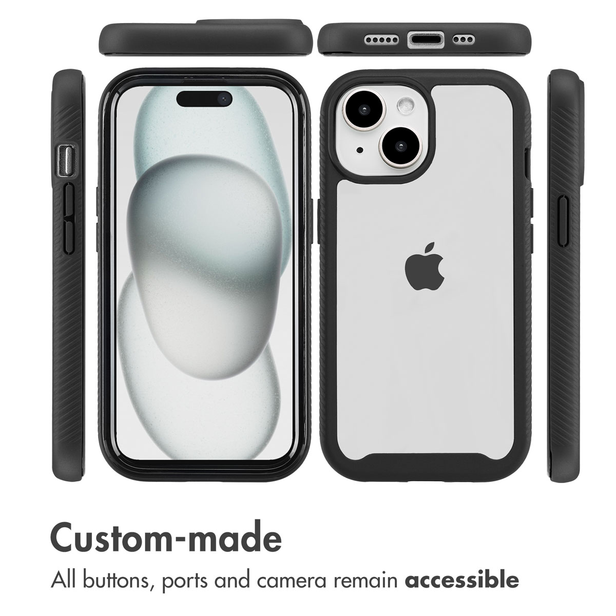 Voor-, achter- en zijaanzicht van een iPhone in een zwarte hoes, met scherm, camera, poorten en knoppen.