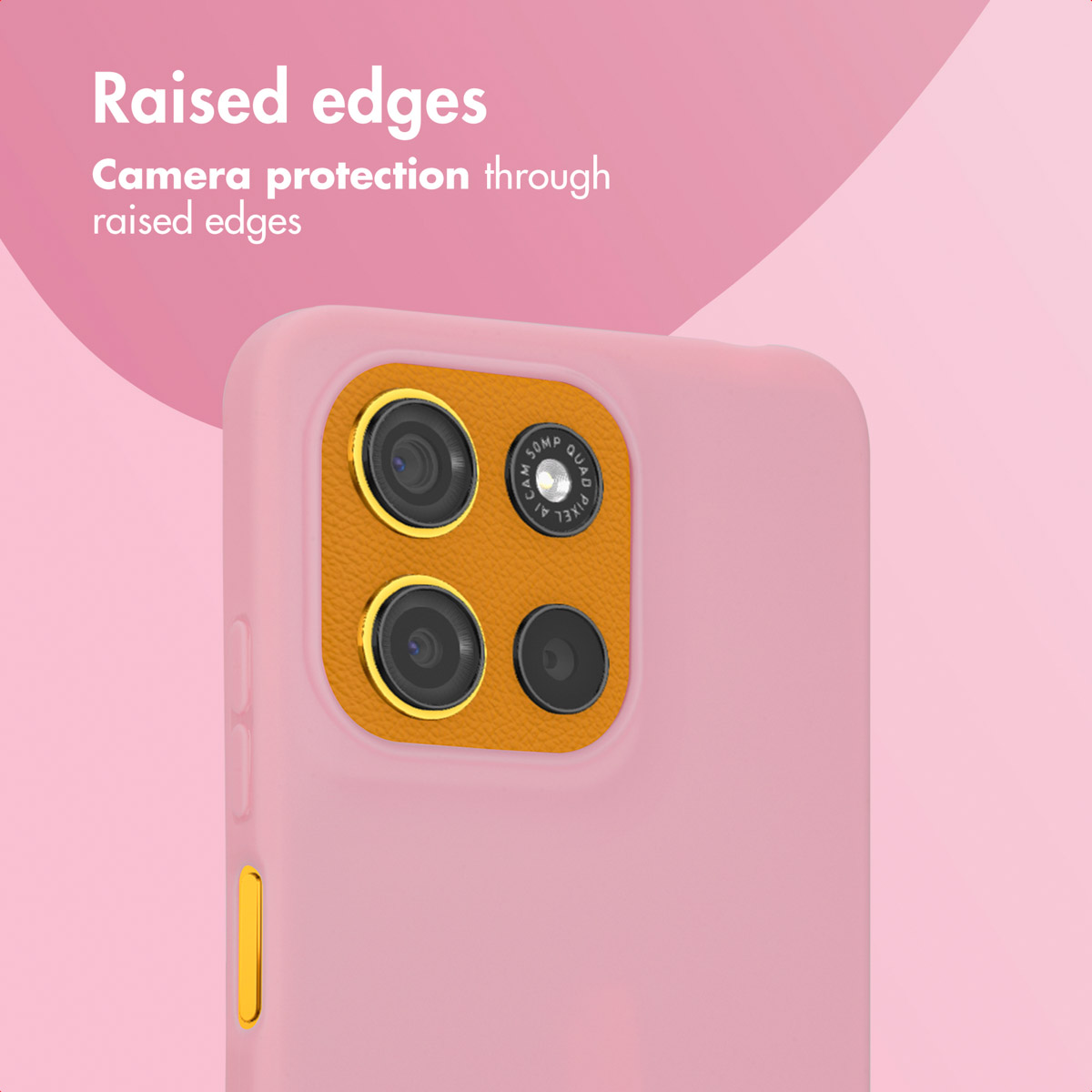 Funda rosa para smartphone con zona de cámara naranja y bordes elevados para protección.